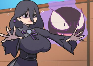 :o @_@ akairiot alternate_breast_size animated bags_under_eyes black_dress black_hair bouncing_breasts breasts clothed creatures_(company) dress female game_freak gastly gen_1_pokemon hair_between_eyes hex_maniac hex_maniac_(pokemon_legends:_z-a) large_breasts long_hair long_sleeves nintendo open_mouth outstretched_arms pokemon pokemon_legends:_z-a running sweat