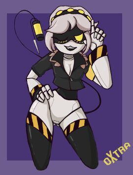 2d 5_fingers accessory android anthro ass black_clothing black_jacket black_legwear black_stockings black_tail black_topwear blush blush_lines breasts butt_from_the_front cleavage clothed clothing disassembly_drone featureless_crotch female female_only fingers glitch_productions hair hair_accessory hairband hazard_stripes humanoid jacket legwear looking_at_viewer machine murder_drones open_clothing open_jacket open_topwear oxtra pantsless purple_background robot robot_girl robot_humanoid screen_face sharp_teeth simple_background smile solo stockings syringe tail teeth thick_thighs thigh_highs topwear v_(murder_drones) white_body wide_hips yellow_and_black yellow_eyes