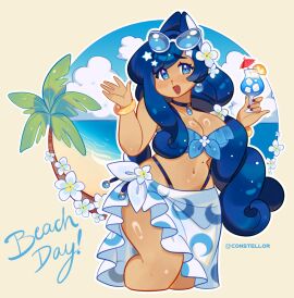 background beach blue_eyes blue_hair breasts choker cleavage constellor dione_(constellor) drink female large_breasts sunglasses swimsuit text thick_thighs watermark wide_hips