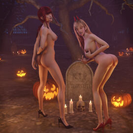 3d 3d_(artwork) anime ass blender blender_(software) blonde_hair breasts bunny_ears bunnysuit candle chainsaw_man eye_contact halloween halloween_2025 halloween_theme heels high_heels horn jack-o'-lantern joocifer legs makima_(chainsaw_man) nipples nude nudity power_(chainsaw_man) pussy red_eyes red_hair vagina