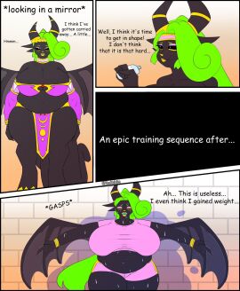 apple_green_hair bat_wings bbw belly belly_button big_belly big_breasts black_body black_sclera bracelets breasts brick_wall caption chubby curved_horns english_text excessive_sweat fat female friday_night_funkin front_view green_hair horns long_hair membranous_wings midnight_(friday_night_funkin) muffin_top panels pelvic_curtain pink_clothing pink_shorts shorts sweat sweatdrop sweaty_body text thick_thighs wings workout