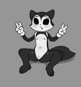 canid canine crossgender double_v_sign e254e emil_(e254e) eyeless female fox genderswap genderswap_(mtf) genitals gesture hand_gesture hi_res mammal mtf_crossgender navel nipples patchwork_monster pussy robotic_arms rule_63 sitting solo spread_legs spreading stitch_(sewing) v_sign