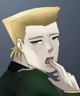 1adult 2022 adult_only artist_signature battle_tendency blonde_hair blue_eyes digital_art human_artist jojo's_bizarre_adventure male muscular muscular_male no_ai rudolph_von_stroheim sofiko_von_maryama solo solo_focus solo_male