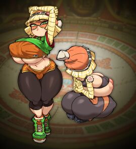 2d 2d_(artwork) arms_(game) ass bangs beanie blonde_hair breast_expansion breast_growth breast_growth_(enlargement) breasts cleavage female green_eyes jellot looking_at_viewer looking_away looking_back mask min_min_(arms) nintendo nipples no_bra short_hair shorts sideboob socks sports_bra stretching sweat sweatdrop tank_top thighs tights yoga_pants