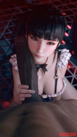 1boy 3d absurdres artist_name black_bow black_bowtie black_hair blush bow bowtie breasts brown_eyes cleavage closed_mouth commentary dark-skinned_male dark_skin dress eizo_3d english_commentary eve_(stellar_blade) eyelashes female frilled_dress frills girthy_penis hand_up highres interracial kneeling large_breasts large_penis looking_at_viewer looking_up pectorals penis penis_on_face pov stellar_blade straight variant_set veins veiny_penis very_dark_skin