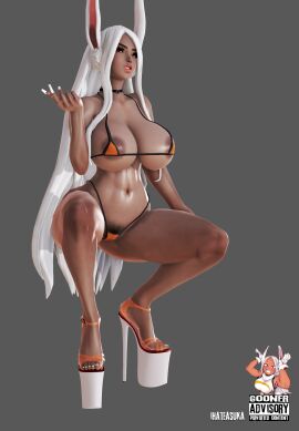 3d 3d_(artwork) abs big_breasts bikini bimbo breasts bunny_ears bunny_girl choker dark-skinned_female dark_skin female high_heels honey_select ihateasuka lipstick long_hair long_nails looking_at_viewer makeup miruko muscles muscular muscular_female my_hero_academia platform_footwear platform_heels pubic_hair simple_background squatting studio_neo white_hair