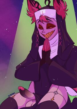 alastor_(hazbin_hotel) antlers balls bare_thighs cock deer deer_ears deer_tail dick digital_art digital_drawing_(artwork) dr34mc0r3 exposed_balls exposed_penis fanart garter garter_straps garters gradient_skin grin grinning grinning_at_viewer half-lidded_eyes hazbin_hotel kneeling long_sleeves looking_at_viewer lustful_gaze male nun nun_outfit on_knees penis praying radio_demon shit_eating_grin solo_male spotlight stockings thigh_highs thighhighs