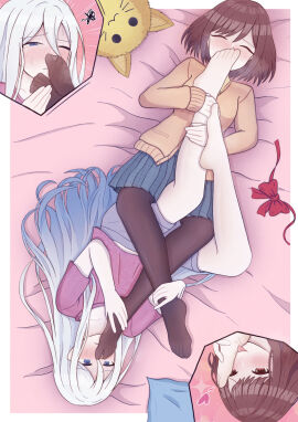 2girls bed_sheet blue_eyes blush brown_eyes brown_hair close-up feet feline foot_focus foot_worship gradient_hair licking_foot miniskirt multicolored_hair multiple_girls pantyhose project_sekai ribbon shinonome_ena shirt shorts skirt smell smelling source_request sweat sweater t-shirt upside-down white_hair yoisaki_kanade