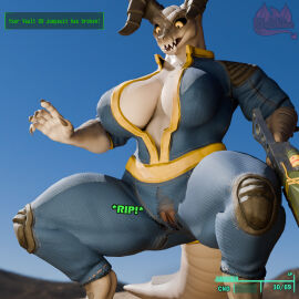3d 3d_(artwork) absurd_res accident accidental_exposure anthro blender_(artwork) breasts clothed clothing deathclaw digital_media_(artwork) fallout female gameplay_mechanics genitals hi_res microsoft mommyclaw_(vulgarvictor) onomatopoeia partially_clothed potatotime pussy scalie solo sound_effects text torn_clothing vulva watermark