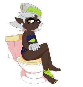 1girls anonymous_artist barefoot blackification dark-skinned_female dark_skin fangs female female_focus female_only green_hat green_toenail_polish green_toenails hat implied_scat marie_(splatoon) nail_polish polish shoulder_length_hair sitting sitting_on_toilet smile splatoon toenail_polish toenails toes toilet toilet_use white_hair