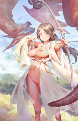 bad_link bigrbear blue_sky bow_(weapon) bracelet breasts brown_hair cleft_of_venus day dragon earrings elf female green_eyes highres holding holding_bow_(weapon) holding_weapon jewelry large_breasts long_hair navel nipple_piercing nipples original outdoors piercing pointy_ears pussy sky solo standing uncensored weapon