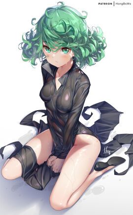 artist_name bangs bent_knees black_dress blush breasts clothing collared_dress curly_hair dress female flats green-haired_female green_eyes green_hair hong_(white_spider) long_sleeves looking_at_viewer one-punch_man pixiv shoes short_hair side_slit sitting small_breasts solo tatsumaki text thighs wariza wet wet_clothes