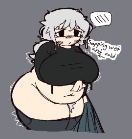 ... 1boy ass black_tank_top blue_jacket blush_stickers breasts busty_male chibi chibi_style chubby clothed english_text fat female grey_background holding_jacket huge_ass jeans long_hair male male_breasts male_focus male_only male_with_breasts meatoids mikan_muzou mob_face moobs navel pants plump ponytail simple_background solid_oval_eyes solo solo_female soutarou_(mikan_muzou) spoken_blush tank_top text thick_thighs trembling white_hair yume_nikki_fangame