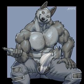 abs amon-sydonai anthro balls balls_under_clothes biceps big_bulge bulge bulge_through_clothing canid canine canis claws clothing creepypasta domestic_dog erection erection_under_clothes fur furry humanoid_genitalia humanoid_penis male male_nipples male_only mammal muscular muscular_anthro muscular_male nipples pecs penis penis_outline penis_under_clothes precum precum_drip precum_through_underwear smile.dog solo underwear werecanid werecanine wolf
