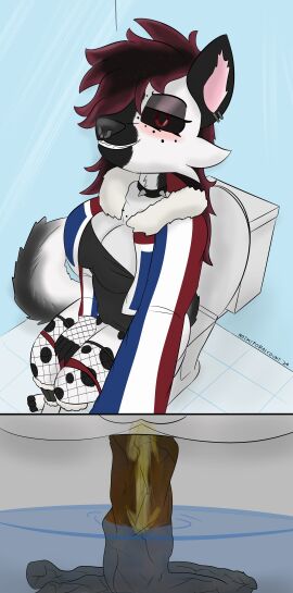 absurd_res anthro bathroom big_breasts black_hair blush bodily_fluids breasts clothed clothing digital_media_(artwork) feces female fishnet fishnet_legwear fur genital_fluids genitals hair hi_res hyena jacket legwear looking_at_viewer mammal multicolored_hair notmypornaccount partially_clothed peeing pussy red_eyes red_hair scat selfie simple_background sitting smile solo stockings tail teeth thigh_highs toilet toilet_use topwear two-tone_hair underwear urine white_body white_fur