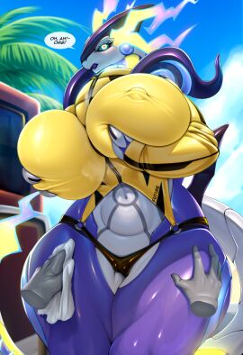 2025 ancient_pokemon anthro big_breasts bikini bikini_bottom breasts camel_toe cameltoe clothing disembodied_hand dragon female future_pokemon generation_9_pokemon genitals hand_on_leg hand_on_thigh hi_res legendary_pokemon looking_at_viewer miraidon mleonheart mythological_creature mythological_scalie mythology nintendo nipples paradox_pokemon pokemon pokemon_(species) pussy scalie solo swimwear thick_thighs two-piece_swimsuit vulva