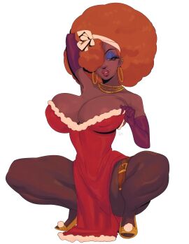 1girls absurd_res afro alternate_skin_color armpits big_hair black_pantyhose blue_eyeshadow breasts christmas christmas_outfit dark-skinned_female dark_skin dress ear_piercing earrings elbow_gloves eyeshadow female female_focus female_only gloves gold_footwear gold_hoop_earrings gold_necklace green_eyes hair_over_one_eye half-closed_eyes hand_in_hair high_heels highres hoop_earrings hoop_earrings_oversized huge_breasts impossible_clothes large_breasts long_dress long_eyelashes looking_at_viewer mahmapuu makeup mole mole_above_mouth necklace no_bra pantyhose pelvic_curtain pink_lipstick plunging_neckline powerpuff_girls purple_gloves race_swap red_dress sara_bellum solo squatting strapless strapless_dress suggestive_pose thick_thighs thigh_strap