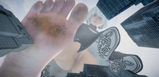 3d 3d_(artwork) android android_girl barefeet barefoot city dirty_soles feet female female_focus female_only fott giantess hyper_giantess light-skinned_female light_skin looking_at_viewer looking_down looking_down_at_viewer nier nier:_automata nier_(series) no_underwear pussy robot robot_girl robot_humanoid solo solo_female solo_focus tsubasagts vagina video_game_character white-haired_female white_hair yorha_2b
