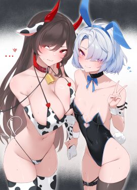 ... alternate_version_available big_breasts black_hair breasts bunny_ears bunnysuit choker collar cow_ears cow_girl cow_print cowbell detached_cuffs guardian_tales hi_res kuda_aer_(artist) leash light_blue_hair long_gloves magenta_eyes natsume_(guardian_tales) peace_sign red_eyes ribbon small_breasts sumire_(guardian_tales) v_sign