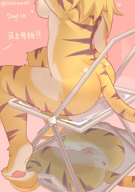 absurdres anus ass ass_focus back body_fur breasts chair completely_nude facing_away female from_behind furry furry_female highres lalamedli mia_(world_flipper) nipples nude on_chair out_of_frame pawpads pink_background pussy pussy_juice reflection simple_background sitting tail tiger_girl tiger_stripes tiger_tail tiptoes twitter_username uncensored world_flipper