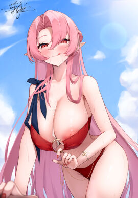1girls after_paizuri alternate_costume azur_lane bikini bikini_pull blue_sky breasts cleavage clothes_pull covered_nipples cum cum_between_breasts cum_on_body cum_on_breasts duke_of_york_(azur_lane) female large_breasts light-skinned_female light_skin long_hair looking_at_viewer nail_polish nipple_slip nipples o-ring o-ring_bikini parted_bangs pink_hair pointy_ears post-orgasm post-orgasm_paizuri pulled_by_self red_bikini red_eyes red_nails royal_navy_(azur_lane) shionootsu signature sky swimsuit tongue tongue_out wet