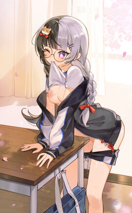 1girls bag black_hair black_jacket blue_bag blush braid breasts cherry_blossoms classroom closed_mouth clothes_in_mouth clothes_pull corner_masturbation crotch_rub desk dog_hair_ornament female female_only grey_hair hair_ornament hair_ribbon hairclip highres jacket long_hair long_sleeves masturbation medium_breasts mouth_hold multicolored_hair nipples open_clothes open_jacket original purple_eyes pussy pussy_juice red_ribbon ribbon round_eyewear school_bag school_desk shirt shirt_in_mouth shorts shorts_pull solo split-color_hair sweatdrop table_humping twin_braids two-tone_hair white_shirt yayako_(804907150) zipper_pull_tab