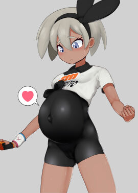1girls bea_(pokemon) belly big_belly cameltoe cauguy dark-skinned_female dark_skin female pokemon pregnant pregnant_pokegirl pussy skintight solo tomboy