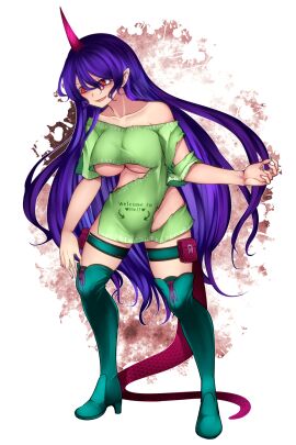 aoshima belly boots breasts female horn long_hair pointing_at_pussy purple_hair pussy shoulders smirking syringe tail tenkajin_chiyari thigh_boots thighs torn_clothes touhou underboob underboob_cutout