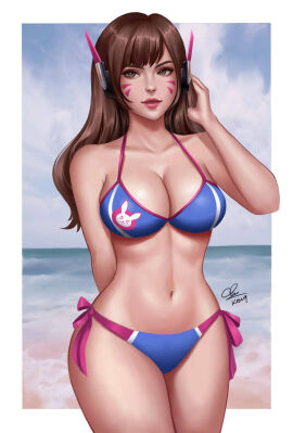 1girls 2024 2d 2d_(artwork) artist_name artist_signature beach bikini breasts brown_eyes brown_hair d.va facial_markings female female_focus female_only headset hourglass_figure human human_only kouq98 large_breasts light-skinned_female light_skin long_hair looking_away navel overwatch questionable solo solo_female swimsuit thighs water white_border wide_hips