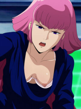 1girls blue_clothing bra breasts downblouse exposed_breasts exposed_nipples female gundam gundam_zz haman_karn light-skinned_female light_skin pink_hair purple_eyes salmon_knight solo wardrobe_malfunction