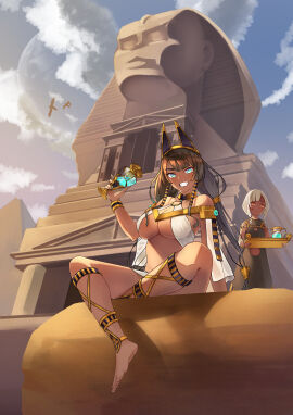 2girls absurdres ancient_egypt animal_ears anklet aqua_eyes bare_shoulders barefoot bracelet breasts brown_hair choker cloud commentary_request cup dark-skinned_female dark_skin day drinking_glass egyptian facing_viewer fake_animal_ears fantasy female great_pyramid_of_giza grin hair_tubes highres jewelry large_breasts litimo long_hair looking_at_viewer moon multiple_females multiple_girls no_bra original pitcher_(container) pyramid pyramid_(structure) red_eyes revealing_clothes servant sitting sky slit_pupils smile sphinx sphinx_of_giza temple tray white_hair