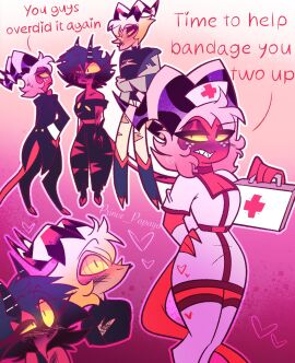 1girls 2boys blush crossgender embarrassed female genderswap genderswap_(ftm) genderswap_(mtf) helluva_boss imp male medkit millie_(helluva_boss) moxxie_(helluva_boss) mtf_transformation nurse prince_papaya rule_63 striker_(helluva_boss) tagme transformation