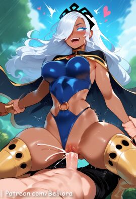 1boy 1girls ai_generated belliora big_ass big_breasts blush breasts cum cum_in_pussy cum_inside dark-skinned_female dark_skin female female_on_cloth female_on_top homo_superior huge_breasts marvel marvel_comics nipples open_mouth ororo_munroe penis penis_in_pussy pussy solo storm_(x-men) tagme white_cape white_gloves white_hair white_legwear x-men