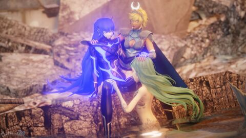 1boy 2girls 3d artemis_(megami_tensei) artemis_(smt) blonde_hair blowjob blue_hair boob_window breasts fellatio female green_hair hand_on_head hand_on_thigh long_hair male merfolk mermaid mermaid_(shin_megami_tensei) nahobino_(smt) penis penis_in_bodysuit shin_megami_tensei shin_megami_tensei_v straight straight_sex sucking_penis threesome yellow_eyes