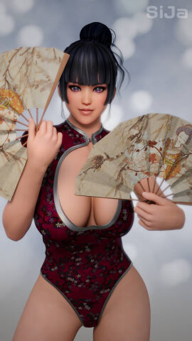 3d cleavage_cutout dead_or_alive female hand_fan nyotengu one-piece sija_art