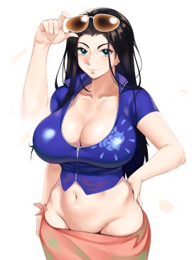 akuma_no_mi belly_button big_breasts black-haired_female black_hair breasts cleavage curvy eyewear_on_head female female_only hana_hana_no_mi kevbot nico_robin one_piece post-timeskip sunglasses sunglasses_on_head thick tight_clothing
