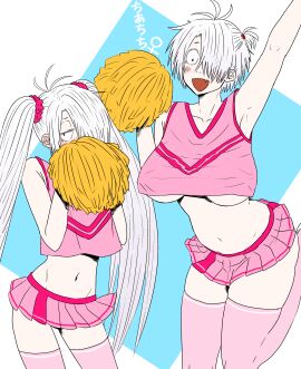 2girls age_difference big_breasts blush breasts cheerleader cheerleader_uniform crop_top cute_fang dual_persona embarrassed female female_only gegege_no_kitarou genderswap_(mtf) hair_over_one_eye kitarou_tanjou_gegege_no_nazo light-skinned_female light_skin long_hair looking_at_viewer medama_oyaji_(human) miniskirt no_bra pale-skinned_female pale_skin pleated_skirt pom_poms rule_63 short_hair shy smile thick_thighs thighhighs twintails underboob white_hair zettai_ryouiki