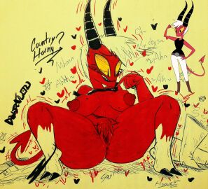 1girls devil_horns devil_tail dyablou female hand_on_pussy helluva_boss masturbation nude nude_female pussy red_body traditional_media_(artwork) white_hair