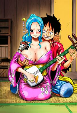 ai_generated areolae big_breasts black_hair blue_hair blush breast_grab breasts busty earrings female grabbing_from_behind huge_breasts kimono male male/female manga_style monkey_d_luffy nefertari_vivi one_piece princess smile