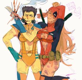2girls adapted_costume blonde_hair breasts brown_hair cigar deadpool_&_wolverine_(2024) female genderswap genderswap_(mtf) lady_deadpool ladypool marvel marvel_cinematic_universe marvel_comics medium_breasts ponytail rrriemman rule_63 scars_all_over sketch wanda_wilson wolverine_(x-men) x-men