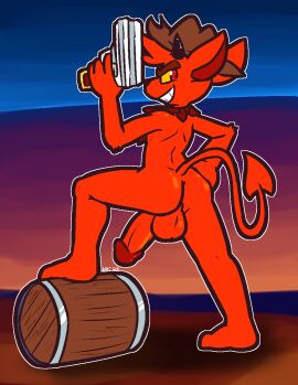 2025 4_fingers anthro ass backsack balls ballsack barrel big_balls big_penis black_horn black_nose brown_clothing brown_hat brown_headwear clothing cowboy_hat demon fingers genitals glans gremile_'hotshot' grin gun hand_on_hip hat headgear headwear holding_gun holding_object holding_ranged_weapon holding_weapon horn kerchief kings_of_hell looking_at_viewer looking_back male male_only mostly_nude penis perineum pose pupils ranged_weapon rear_view red_balls red_eyes red_glans red_kerchief red_penis red_perineum red_pupils smile solo spade_tail tail ultilix weapon yellow_sclera