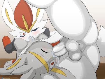 balls cinderace cum cum_in_mouth cum_inside eating_cum fur generation_8_pokemon male male/male male_only nintendo one_eye_closed patreon penis pokemon pokemon_(species) pornography rabbit rabbit_ears raboot red_eyes sweat testicles white_balls white_body white_fur white_penis winick-lim