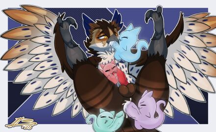 absurd_res anal anal_sex anthro ass avian badabingbong balls beak bird bodily_fluids cum cum_in_ass cum_in_mouth cum_inside evil_face feet genital_fluids genitals ghost group group_sex hi_res lying male male/male on_back owl penetration penis sex spirit tail talons tapering_penis toes wings