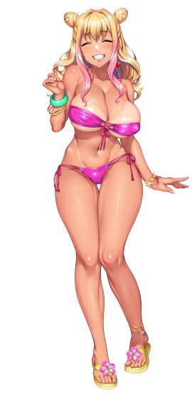 absurdres alpha_channel anklet bikini bikini_tan blonde_hair bracelet breasts cleavage closed_eyes covered_erect_nipples double_bun earrings female for_sticker_use full_body gal grin gyaru gyaru_gal hair_bun heart heart_earrings hidaka_manatsu highres jewelry kan'ochi_x_netorare_kazoku_~anata_yurushite._watakushi-tachi uwaki_sex_ni_honki_de_hamacchatta_no~ kuro_gyaru large_breasts long_hair minamoto_(mutton) multicolored_hair navel non-web_source official_art photoshop_(medium) pink_bikini pink_hair png sandals shiny_skin side-tie_bikini_bottom single_earring smile solo sticker_template strapless strapless_bikini swimsuit tachi-e tan tanline transparent_background transparent_png two-tone_hair
