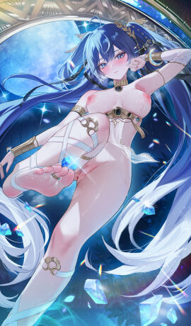 absurdres ahoge anus arm_up armlet armpits barefoot blue_eyes blue_hair blush breasts breasts_apart closed_mouth commentary english_commentary feet female fingernails foot_out_of_frame from_below full_moon hair_belt hand_up highres iuno_(wuthering_waves) jewelry laurel_crown leg_wrap lichiko long_hair looking_at_viewer medium_breasts moon multicolored_hair nipples nude orb pussy revealing_clothes soles solo streaked_hair sweat thighlet thighs toe_ring toes twintails underboob vambraces very_long_hair wuthering_waves
