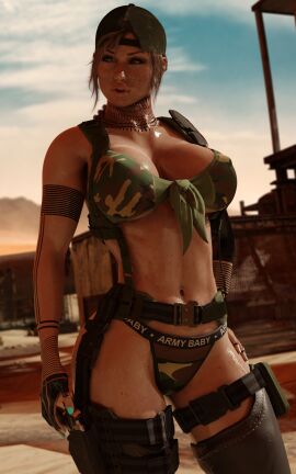 1girls 3d armed ass athletic athletic_female backwards_cap backwards_hat bad_bitch big_ass big_breasts big_thighs bikini bitchy blender blender_cycles blue_nail_polish blue_nails braided_hair breasts brown_eyes brown_hair camouflage cap desert female female_only glistening_body gun harness highres huge_breasts impractical_armor impractical_clothing impractical_outfit lara_croft lara_croft_(classic) leg_wraps light_skin long_hair long_nails military nail_polish nipple_bulge panties pinup self_upload solo sweat sweatdrop sweating tattoo tattoos thick_ass thick_thighs tomb_raider tomb_raider_(classic) weapon writing_on_clothes your_waifu