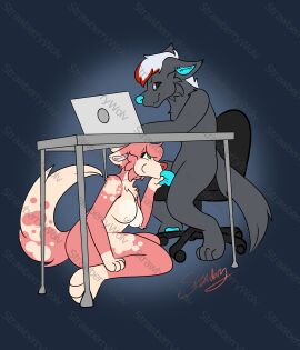 absurd_res black_sclera blue_nose blue_penis breasts chair cheek_tuft computer dipstick_ears dipstick_tail distracting_watermark ear_markings electronics facial_tuft fellatio female free_use fur furniture furry genitals gloves_(marking) green_eyes grey_body grey_fur hi_res laptop leg_markings male male/female markings multicolored_ears nipples nude office_chair oral penile penis pink_body pink_fur sex simple_background socks_(marking) strawberrywolv table tail tail_markings tuft under_the_table watermark white_eyes