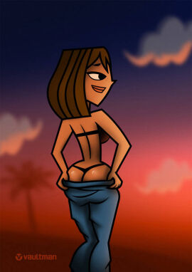 1girls artist_name ass black_bra black_thong bra brown_hair brown_skin courtney_(tdi) female thong total_drama_island undressing vaultman