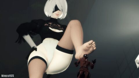 1boy 1girls 2017 3d 3d_(artwork) black_blindfold blindfold clothed clothed_female clothed_male female giantess hand_on_hip light-skinned_female light_skin male mcgts nier nier:_automata no_shoes sfm thick_thighs thighs white_hair yorha_2b