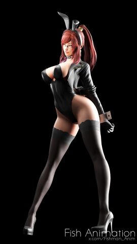 1girls 3d big_breasts breasts bunnysuit female fish_animation glasses original primrose red_hair ryanreos thighhighs